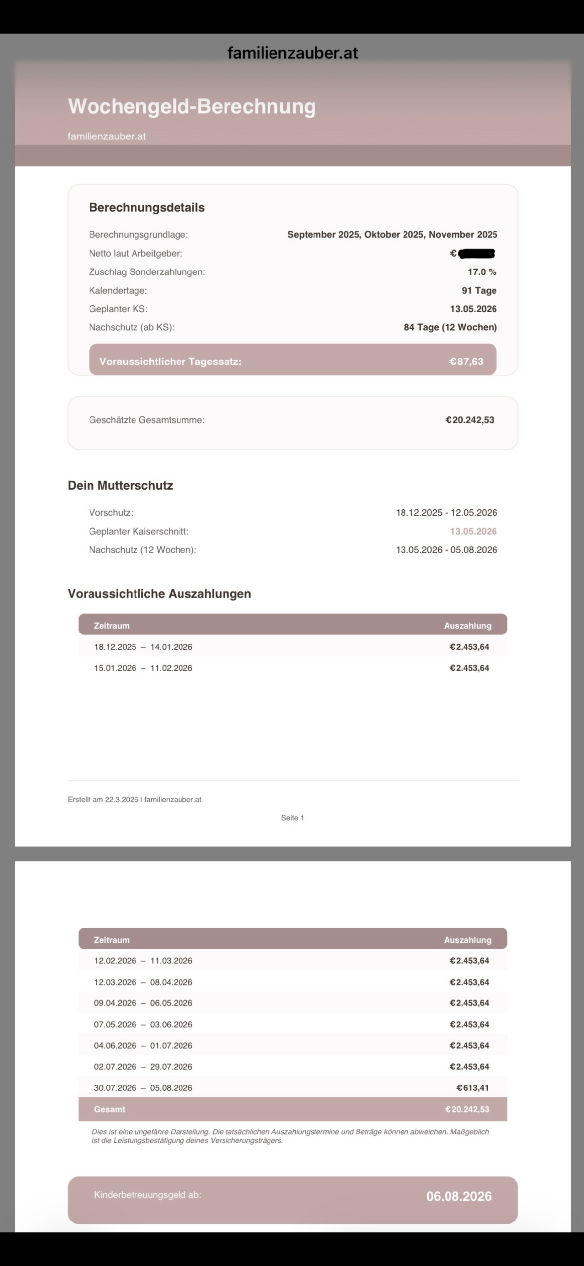 Rechner-Berechnung KFA-Wochengeld