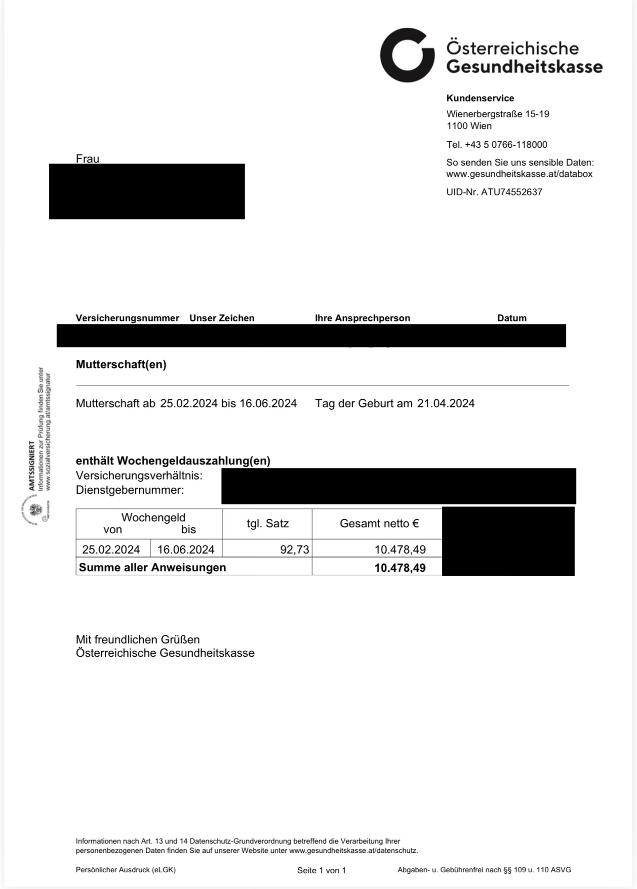 ÖGK-Bescheid Wochengeld